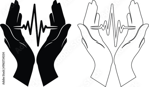 Two hands holding heart rate monitor waveform graphic design illustration