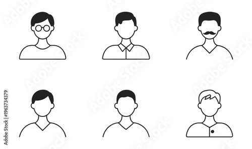 Set of six black and white male avatar featuring various hairstyles glasses and facial hair in a minimalist line style on a white background