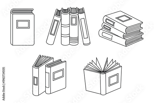 Set of black and white line book featuring single standing volumes stacked piles and open books with visible pages isolated on a white background