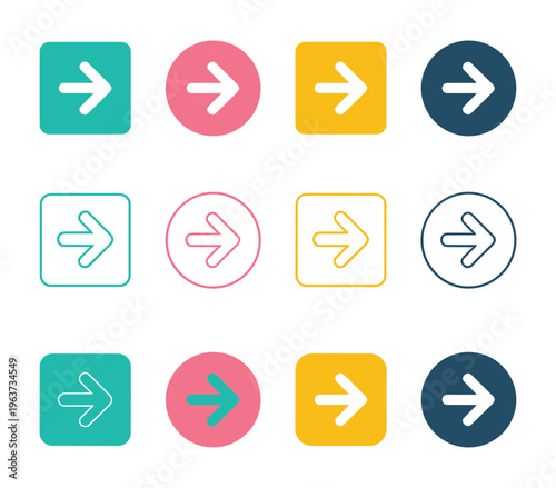 Set of twelve flat arrow in squares and circles with teal pink yellow and dark blue colors featuring solid and outlined styles for user interface navigation