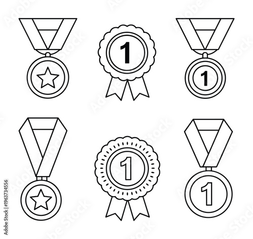 Set of six black and white line depicting medals and rosettes with stars and the number one representing first place achievement and victory symbols on a white background