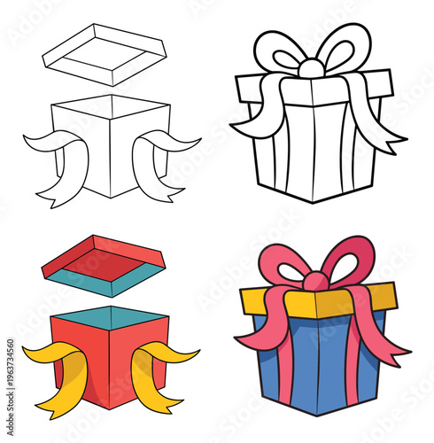 Set of four gift box featuring two open boxes with lids and two closed boxes tied with ribbons in black and white line and flat color versions on a white background