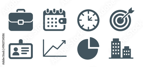 Set of eight dark gray business including a briefcase calendar clock target identification badge line graph pie chart and office buildings arranged in two rows on a white background