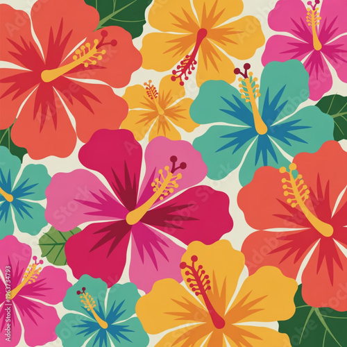 Vibrant seamless pattern featuring colorful hibiscus flowers and green leaves in a tropical design Vector, illustration