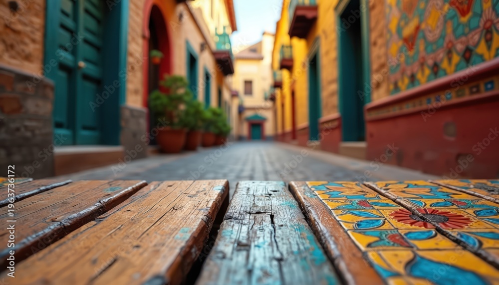 Fototapeta premium A sunlit alleyway features colorful mosaic tiles on walls and a rustic wooden floor in front. Buildings with vibrant colors line the narrow street with potted plants.