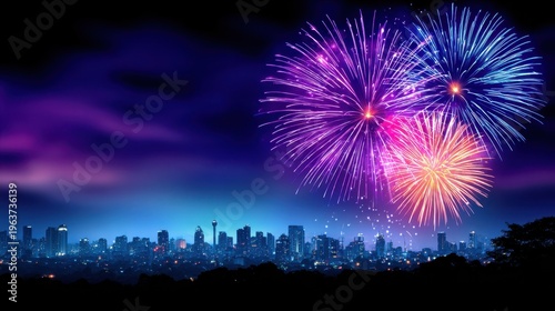 Colorful fireworks illuminate city skyline at night, vibrant bursts of light against dark sky creating a festive atmosphere