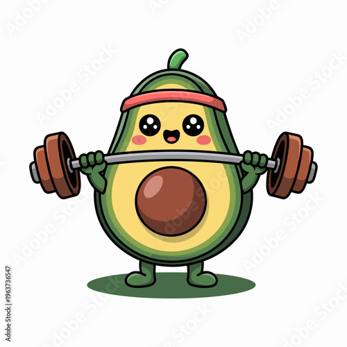 A cute cartoon avocado character is energetically lifting a barbell. The character is smiling widely, adding a playful and motivational vibe.