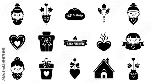 Baby Shower Icons Set – Newborn Baby Clipart Collection, Cute Baby, Gift Box, Heart, House, Decorative Elements, Vector, Isolated on Transparent Background