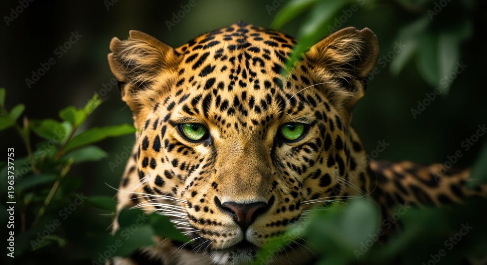 Obraz premium A stunning close-up of a leopard peering through lush greenery, its intense eyes conveying a sense of alertness and majesty