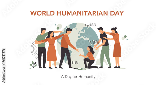World Humanitarian Day illustration with diverse people helping each other.