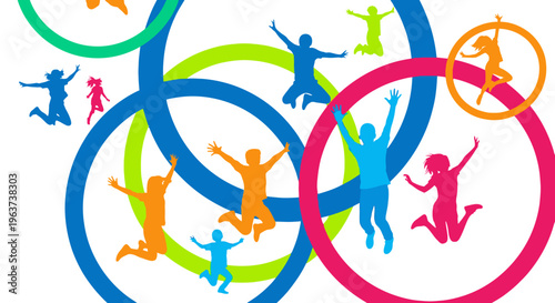 Colorful illustration of people jumping in circles.