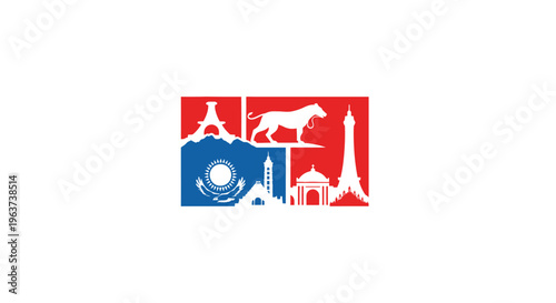 Abstract national symbols and architectural landmarks of Kazakhstan, featuring flag colors, isolated white background.