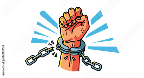 Powerful hand breaking free from broken chains, symbolizing freedom and liberation, isolated white background.