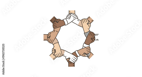 Diverse hands interlocking in a circle, symbolizing global unity and cooperation, isolated white background.