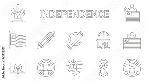 Collection of outline icons representing Independence Day and freedom concepts, isolated white background.