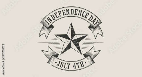 Vintage style emblem for Independence Day July 4th with a star and decorative ribbon, in bright studio.