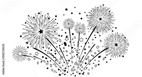 Dynamic black and white fireworks explosion with confetti bursts, a celebratory graphic, isolated white background.