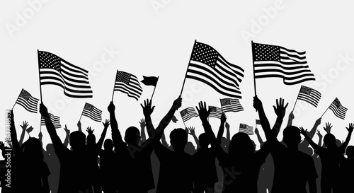 Enthusiastic crowd of people waving American flags, celebrating a national holiday under a bright sky.