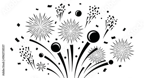 Festive black and white fireworks explosion with confetti bursts, celebrating a special event, isolated white background.