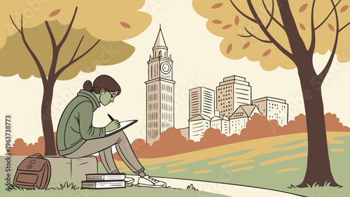Young woman sketching a city skyline including a prominent clock tower while sitting in a park during autumn season boston skyline vector
