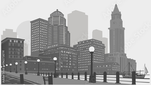 Monochromatic Waterfront Cityscape Silhouette Featuring Tall Buildings and Historic Architectural Structures Along a Harbor Promenade boston skyline