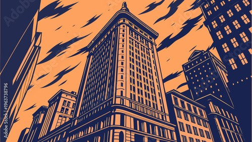 Upward View of Historic Skyscraper Architecture Against Dramatic Stylized Urban Skyline boston skyline vector