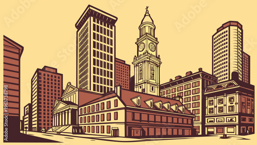 Historic City Center Architecture Mixed With Modern High Rise Buildings Downtown Urban Skyline Drawing boston skyline vector