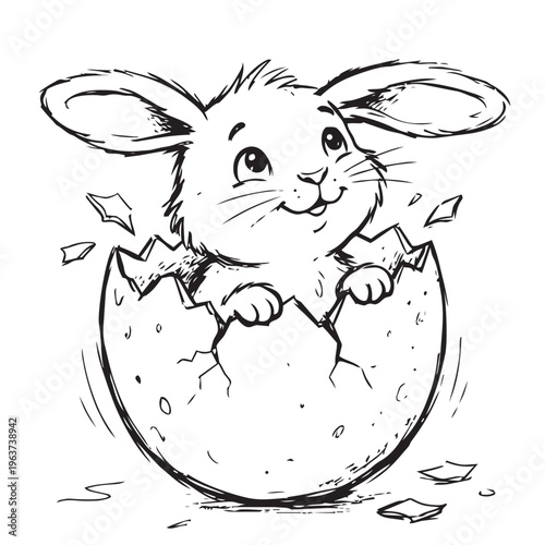 Cute bunny emerges from cracked eggshell with big ears and smile