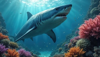 Giant swims through colorful coral reef with small fish around. Sunlight shines from above ocean surface. Underwater deep blue sea scene is vivid and alive with marine ecosystem.