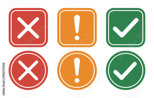 Decision Icons: A set of six colorful icons with a red cross, orange exclamation point, and green check mark, representing different states of decisions and notifications. 