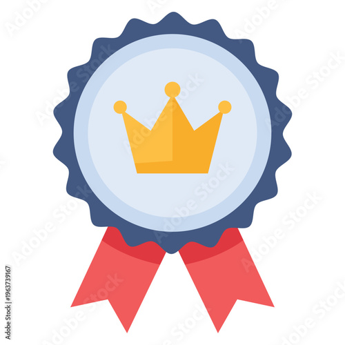 Winner badge with gold crown and red ribbon, premium quality and achievement award icon.