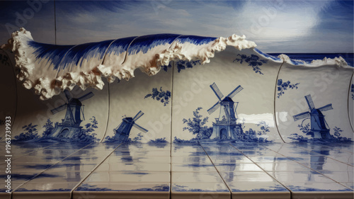 Surreal blue ceramic ocean wave over Delft style windmill tiles, conceptual Dutch seascape illustration for creativity and design