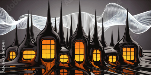 Futuristic black glossy architecture with glowing orange windows and abstract wave lines on dark gray background, surreal sci fi cityscape illustration