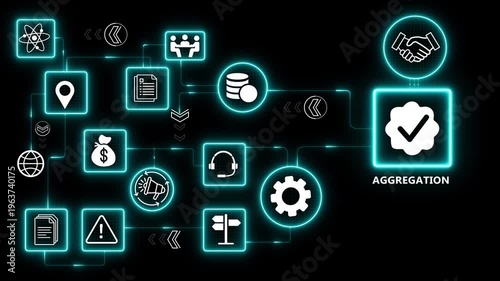 Data aggregation system with collection and processing workflow for analytics and business intelligence optimization solutions 4k black background visuals
