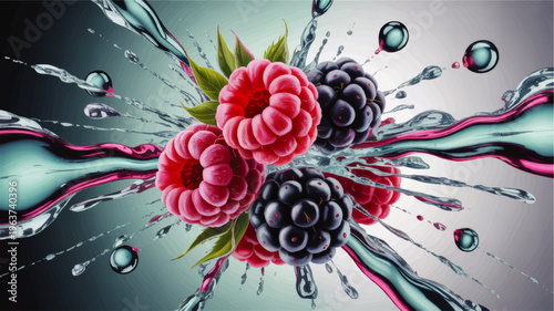 Vibrant raspberries and blackberries exploding in water splash, fresh berry juice concept, turquoise pink liquid abstract background