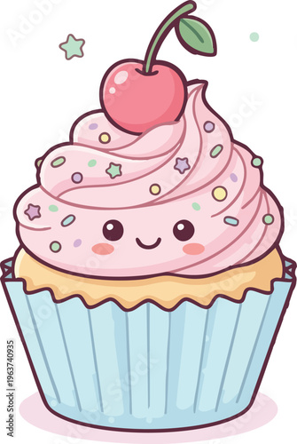 Cute kawaii pink cupcake with cherry and sprinkles, sweet dessert illustration for celebration