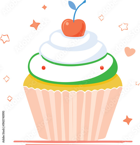 A charming and whimsical illustration of a delightful cupcake with creamy white frosting and a bright red cherry on top, adorned with playful stars and hearts