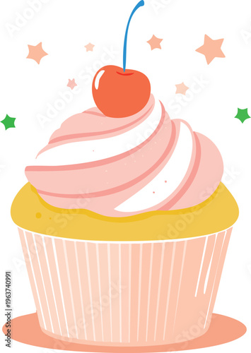 A delightful illustration of a pink frosted cupcake topped with a cherry, surrounded by colorful stars
