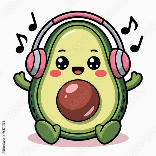 A cute, cartoon-style avocado character is wearing pink and black headphones, sitting with a joyful expression.
