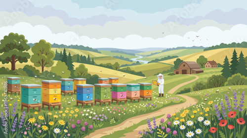 Apiary meadow scene with beehive boxes flowers and blue sky