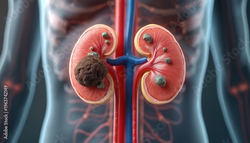 Human kidney cross section shows stones and tumor. Internal organ medical diagram reveals pathology of renal system. Urological health problem detailed cutaway.