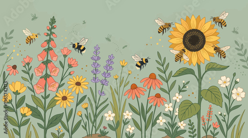 Spring garden bee scene with honeycomb flowers and buzzing insects