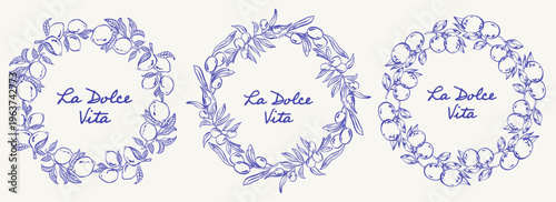 Set of mediterranean circular frames with lemons, olives and leafy branches in blue linework, featuring La Dolce Vita lettering. Elegant botanical wreath collection with Italian coastal charm.
