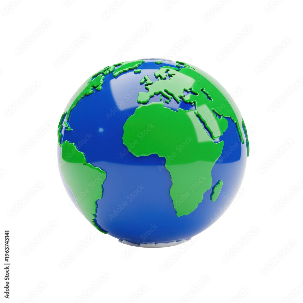 Fototapeta premium A stylized 3d icon of the planet earth, featuring glossy plastic landmasses in emerald green and oceans in sapphire blue, isolated on white, with soft shadows. concept of global sustainability