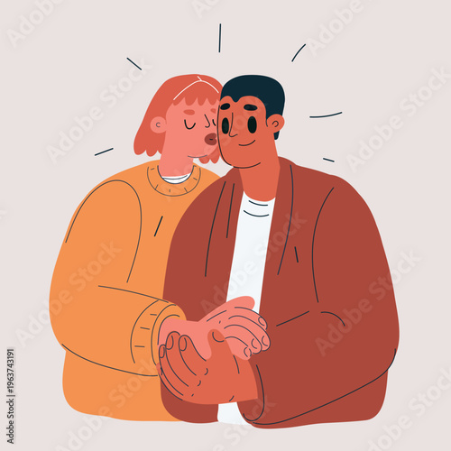 Cartoon vector illustration of woman sharing a moment of love by kissing man on the cheek