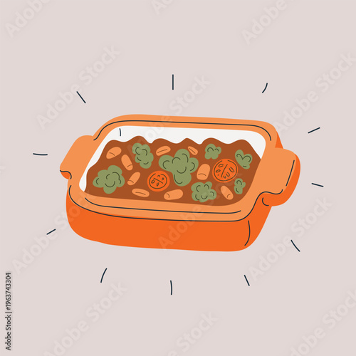 Cartoon vector illustration of baking dish with vegetables and food inside
