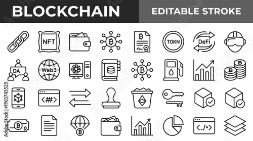 Blockchain technology concept with black and white vector graphics illustrating a decentralized network