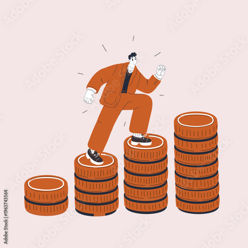 Cartoon vector illustration of man walking on stacks of coins like stairs, climbing towards wealth