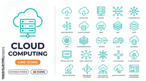 Cloud computing concept with server room and data storage illustration