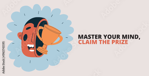 Cartoon vector illustration of man with trophy inside his head, symbolizing success mindset and achievement